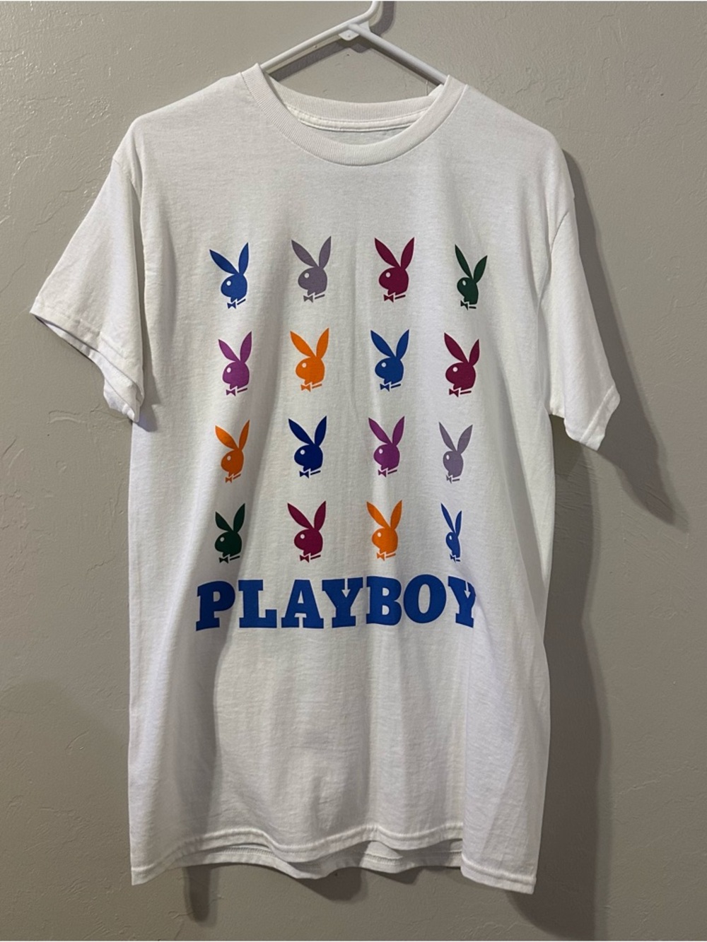 Playboy Unisex White Graphic Tee with Multicolor Bunny Icons